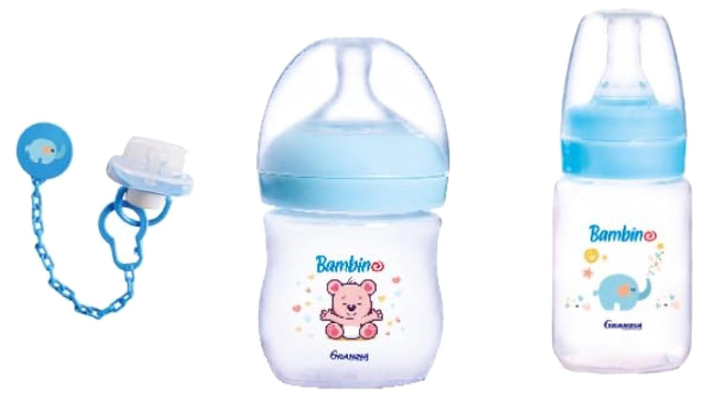 Granzia Bambino New Born Gift Package Blue Color (Natural Feeding Bootle 280 ML, Classic Feeding Bootle 150 ML & Pacifier) (3 Pieces)