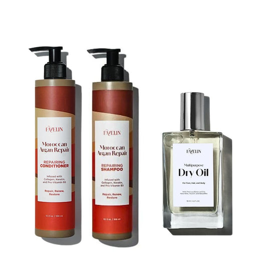 Favelin Moroccan Argan Repair Set Shampoo (300 ML ) and Conditioner ( 300 Ml ) & Dry Oil (50ML ) - With Argan Oil & Collagen | Ultimate Care for Damaged Hair & Soften Skin
