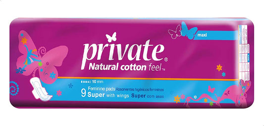 Private Super Maxi Feminine Pads With Wings, 9 Pieces