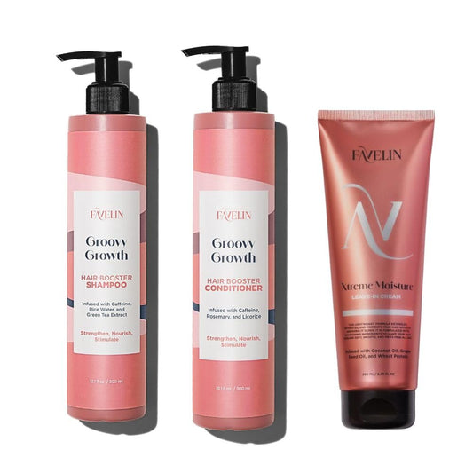 Favelin Groovy Growth Hair Care Set, Shampoo (300 Ml) and Conditioner (300 Ml) & Xtreme Moisture Leave-in Cream (250 Ml)-Strengthen and Long-Lasting Hydration