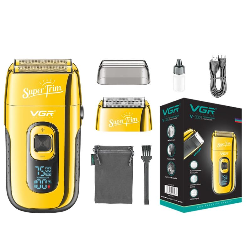 Vgr V-332 Premium Cordless Rechargeable Foil Shaver For Men With Pop-Up Trimmer Wet & Dry Shaver For Face Care Beard Trimmer Super-Fast Charge 150 Mins Runtime With Led Digital Display 6500-7500Rpm