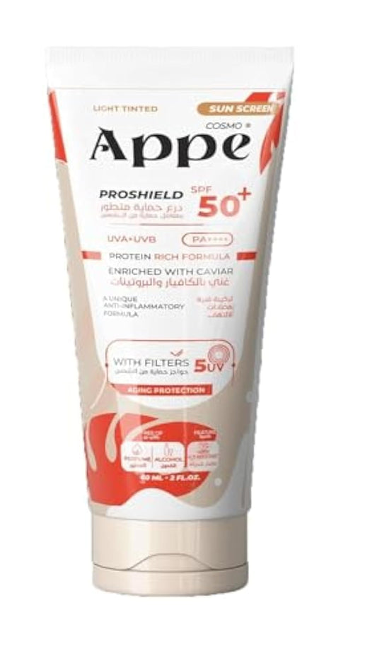 Cosmo APPE Proshield Light Tinted Sunscreen SPF 50+ (60ml) - Anti-Aging Formula Enriched with Caviar - UVA/UVB PA++++ - Light Coverage for Even Skin Tone - Alcohol, Perfume & Paraben Free
