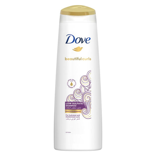 Dove Beautiful Curls shampoo, low sulfate, infused with aloe vera & jojoba oil, gently removes product build-up to restore shine and mositure for a clean hydrated, healthy curls 350ml