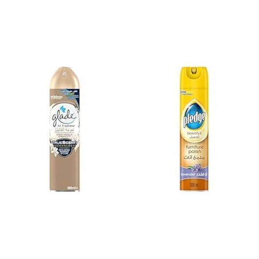 Glade Aerosol Sheer Vanilla Embrace Air Freshener, 300ml + Pledge Beautify It Furniture Polish Spray, Lavendar Scent, 300ml