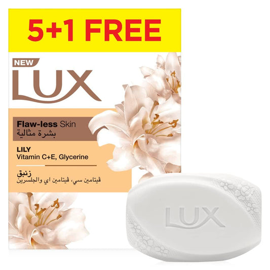 LUX Bar Soap for flaw-less skin, Lily, with Vitamin C, E, and Glycerine, 170g (Pack of 6)