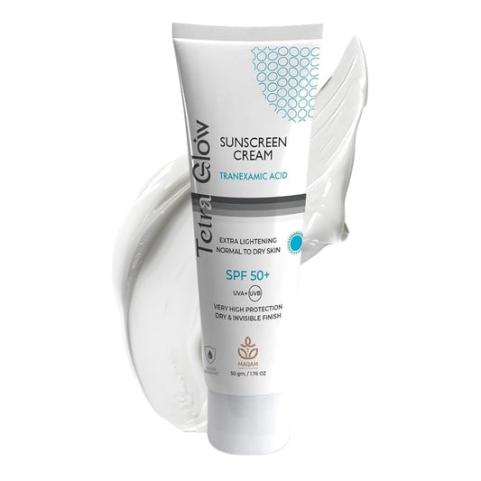 Tetra Glow Sunscreen Cream, Normal to Dry skin with a rich formula to hydrate and provide the ultimate protection your delicate skin needs, SPF 50+ protection for daily sun defense, 50gm