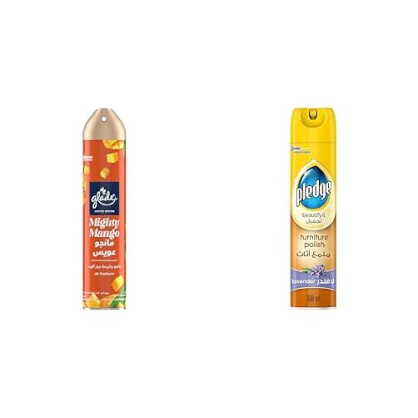 Glade Aerosol mighty mango Air Freshener, 300ml + Pledge Beautify It Furniture Polish Spray, Lavendar Scent, 300ml