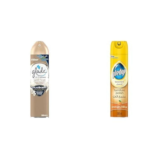 Glade Aerosol Sheer Vanilla Embrace Air Freshener, 300ml + Pledge Beautify It Furniture Polish Spray, Orange Scent, 300ml