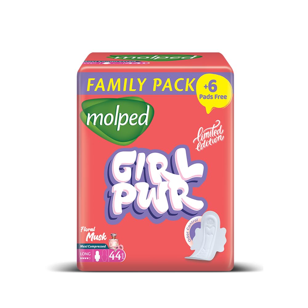Molped Girl Power Sanitary Pad, Long, Family Pack 44 Units, Cotton Material, Maxi Compressed, Floral Musk for Heavy Flow