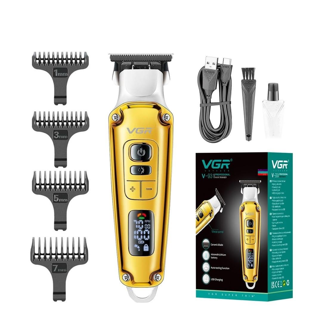 VGR V-931 Professional Hair Trimmer with Digital Display, 5500-7000RPM Button, Ceramic & Powder Metallurgic Blade,4 Cutting Combs, 240min Runtime,1600mAh Lithium Battery (Gold) 1 Year Warranty