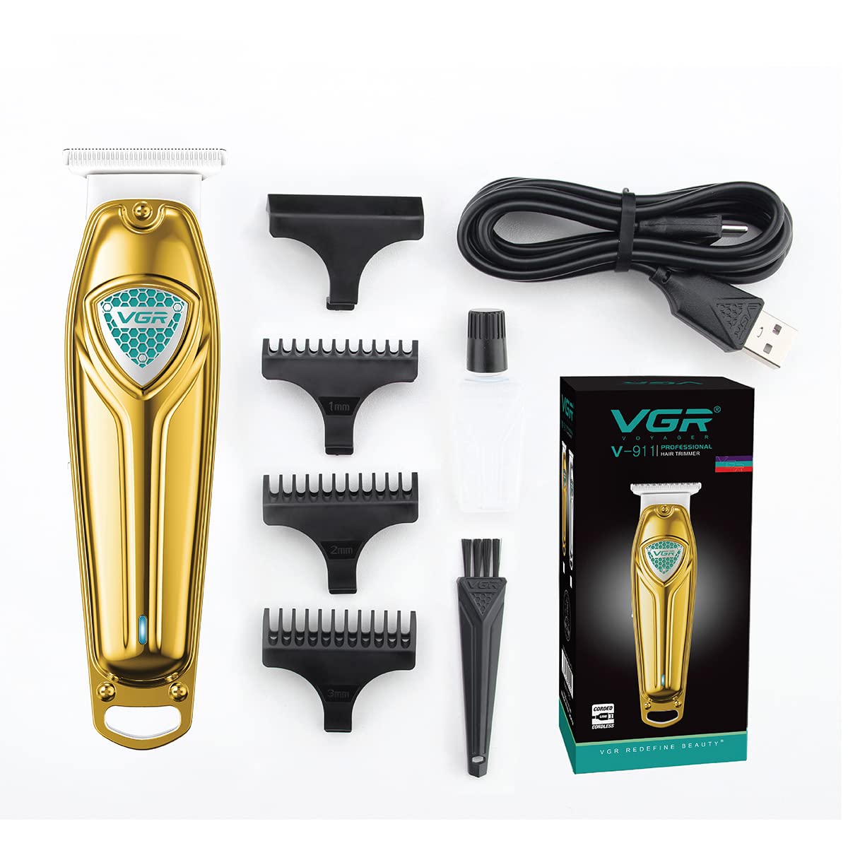 VGR V-911 Professional Rechargeable cordless Hair Trimmer with Stainless steel Blades, USB Charging cable, 3 Guide Combs for men Runtime: 180 mins, 1200 mAh Li-ion Battery, Gold
