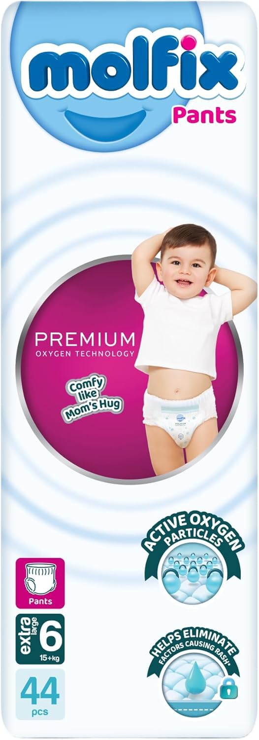 Molfix Baby Diapers Pants Size 6, Jumbo Pack, 15+ KG, 44 Units, Molfix Premium Oxygen Pants Diapers, Size 6, 15+ KG, Jumbo 44 count, Cotton Material