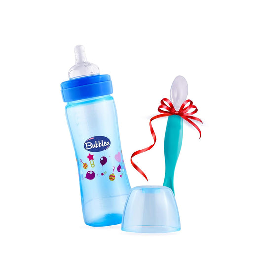 Bubbles Offer Bubbles Classic feeding bottle 270 ml Blue + Silicone spoon Gift 2 Piece