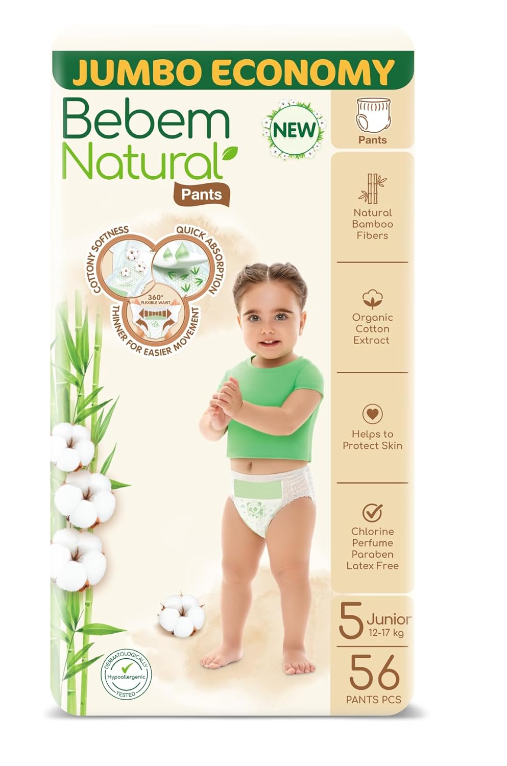 Bebem Natural - Pants Diapers - Jumbo Pack - Junior Size 5-56 Pieces