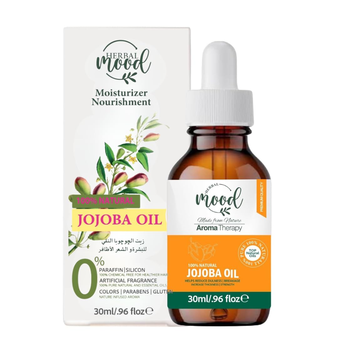 Herbal Mood Jojoba Oil 100% Pure Natural | Face, Body, Hair, Beard, Nails | Vegan and Cruelty Free | Glass Bottle