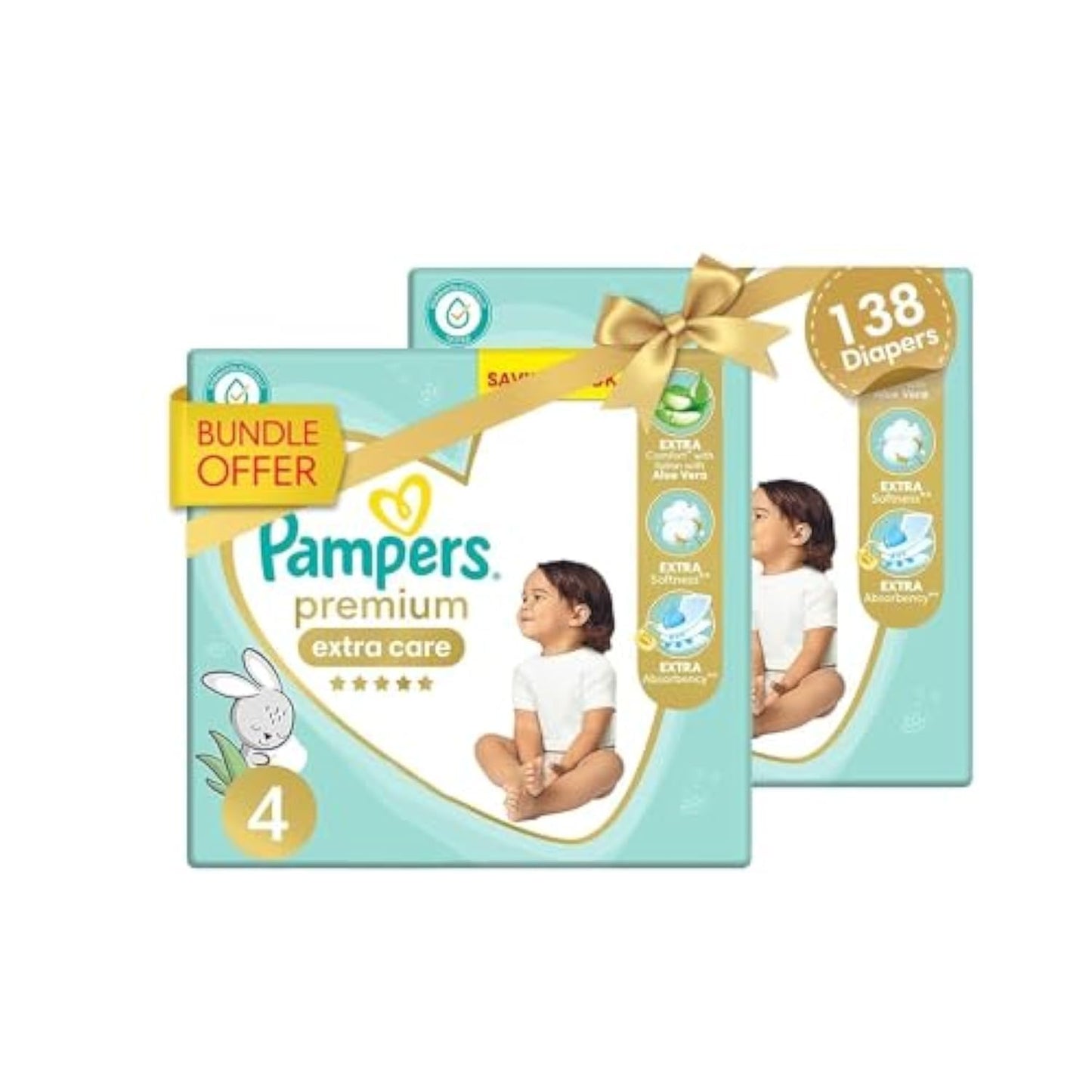 Pampers Premium Extra Care Diapers, Size 4, with lotion with aloe vera 138 Baby Diapers Bundle of 2