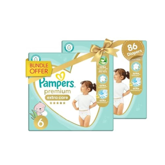 Pampers Premium Extra Care Diapers, Size 6, 13 kg, with lotion with aloe vera, 86 Baby Diapers Bundle of 2