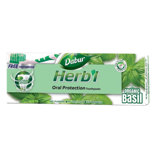 Dabur Herbal Basil Natural Toothpaste (140g) with Toothbrush | Complete Oral Protection | Prevents Tooth Decay | Fights Bad Breath