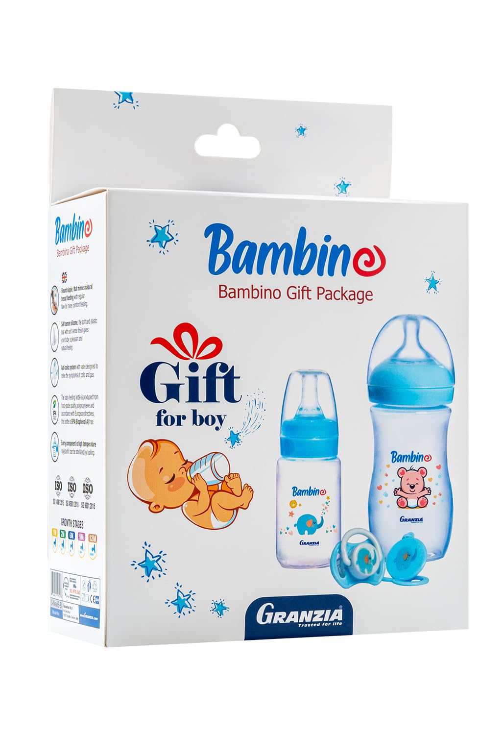 Granzia Bambino New Born Gift Package Blue Color (Natural Feeding Bootle 280 ML, Classic Feeding Bootle 150 ML & Pacifier) (3 Pieces)