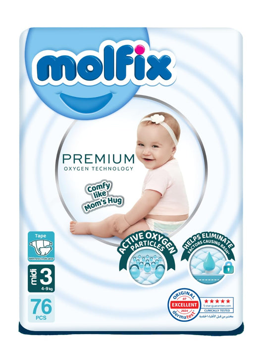 Molfix حفاضات بريميوم اكسجين بانتس من مولفيكس - مقاس كبير جدا رقم 3- عبوة ميجا - 76قطعة