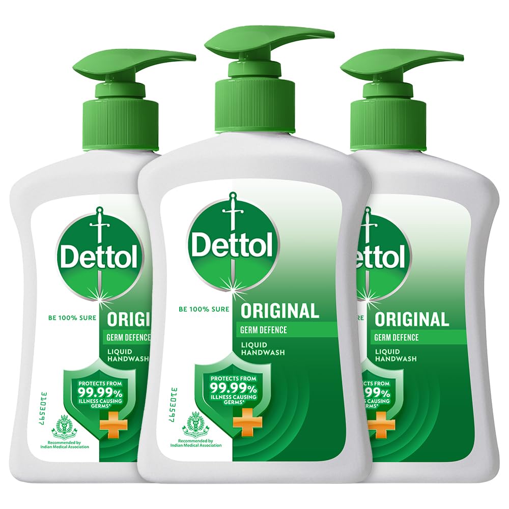 Dettol Liquid Handwash Dispenser Bottle Pump (Pack of 3 - 200ml each)- Original Hand Wash | Germ Defence Formula | 10x Better Germ Protection