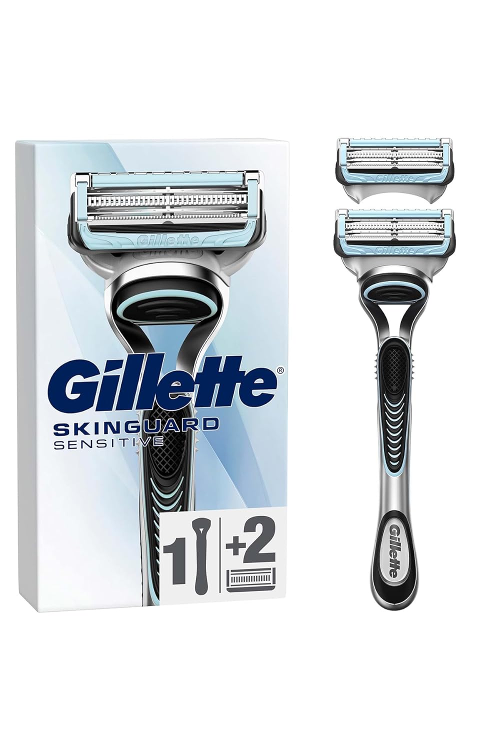 Gillette SkinGuard Sensitive Razor for Men with 1 Handle + 2 Blade Refills – Designed for Sensitive Skin to Prevent Razor Bumps and Irritation – With Lubrastrip and Precision Trimmer