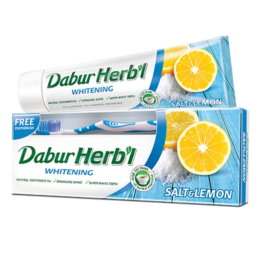 Dabur Herbal Natural Toothpaste (140g) with Toothbrush | Natural Extract of Lemon and Salt | Helps Whitening Teeth | No Harmful Chemicals