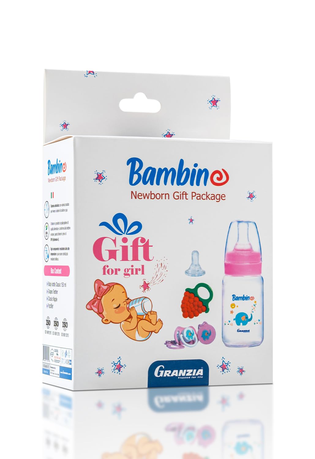 Granzia Bambino New Born Gift Package Rose Color (Classic Feeding Bootle 150 ML, Spare Nipple, Grape Shaped Teether & Pacifier With Chain) (4 Pieces)