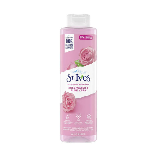 ST.Ives Unilever ST Refreshing Body Cleanser with Rose Water & Aloe Vera, Shower Gel for Women with 100% Natural Extracts, Paraben Free, Cruelty Free, 650ml - Clear