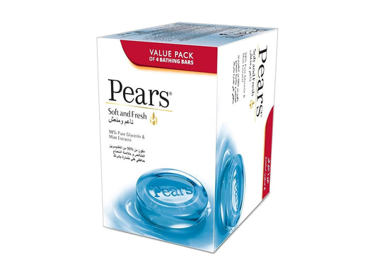 Pears Soft & Fresh Bar Soap with 100% Natural Ingredients & Pure Glycerine for Soft & Glowing Skin|Paraben-Free Moisturising Soap With Mild Fragrance|Dermatologically Tested & Eco-Friendly (Pack of 4)