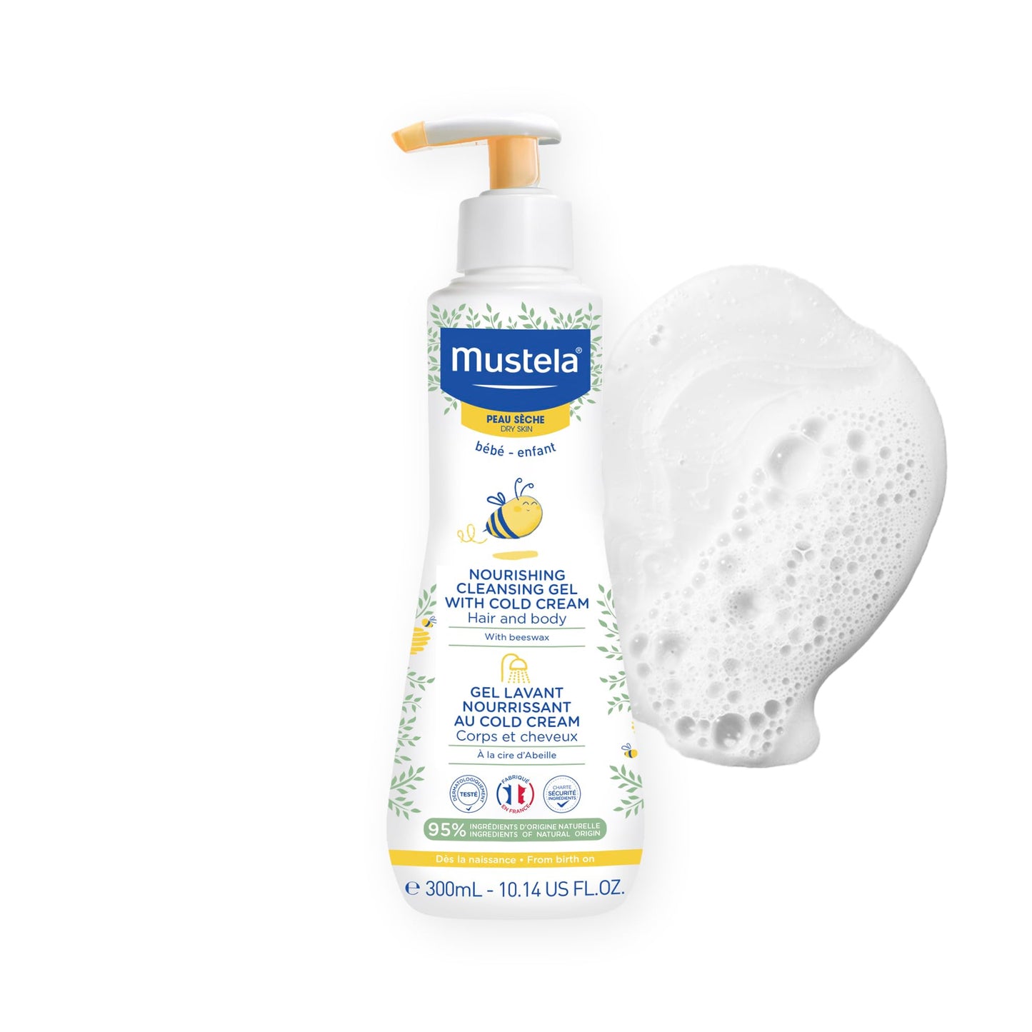 Mustela Baby Nourishing Cleansing Gel – Hair & Body Wash for Dry Skin - with Natural Avocado, Cold Cream & Beeswax - 10.14 fl. oz.