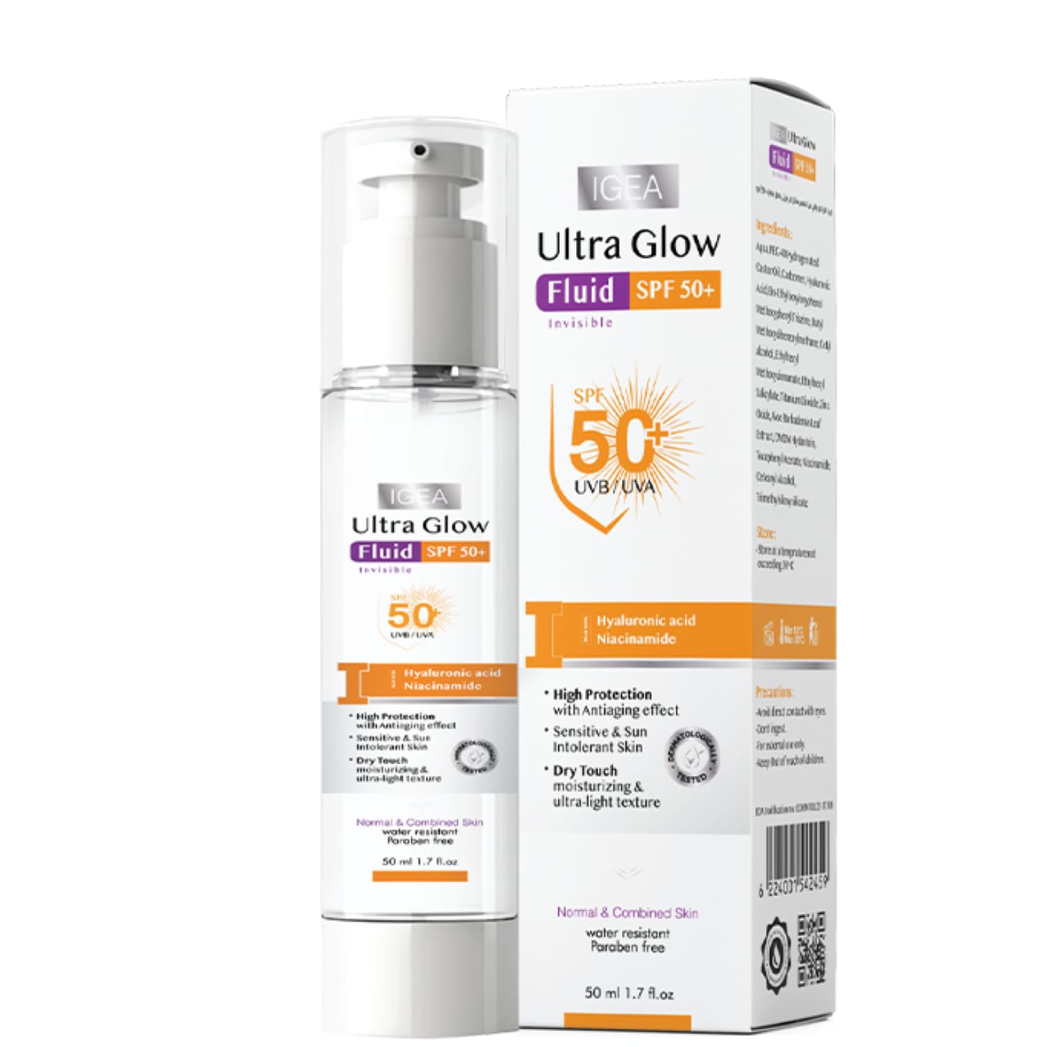 Igea Pharma Ultra Glow Fluid SPF 50+, Sun Protection, Waterproof, Hyaluronic Acid, Niacinamide, Vitamin E, Dry to Normal Skin