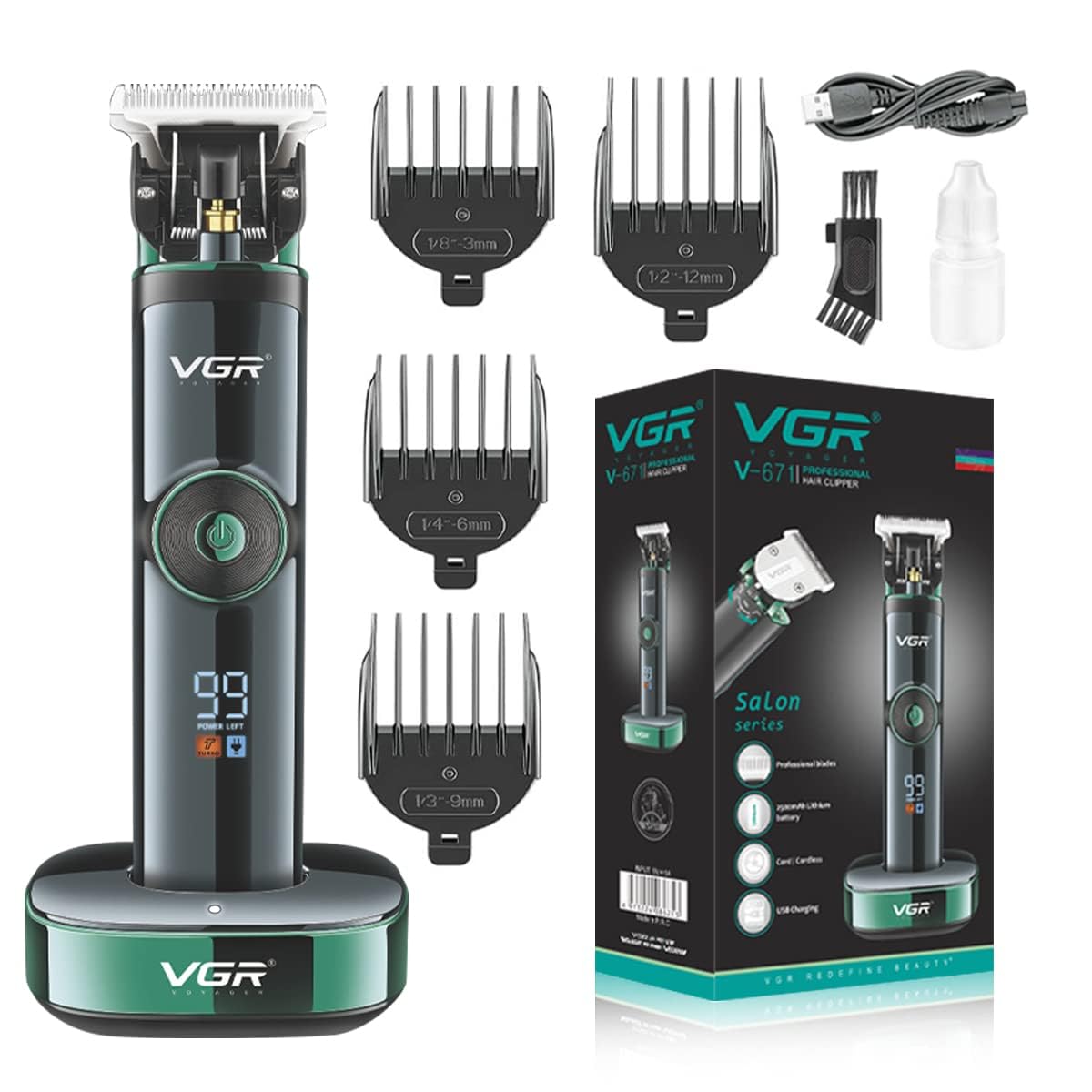 Vgr V-671 Salon Series Professional Digital Display Cordless Hair Clipper With Dual Motor Beard Trimmer For Men Rechargeable Li-Ion Battery 2500Mah 400 Minutes Runtime Usb Powered Charging Pod & Stand