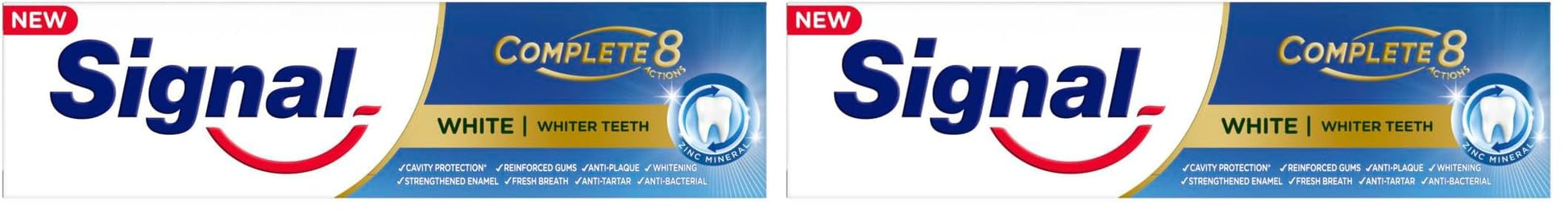 Signal Complete 8 White with Zinc Mineral without Triclosan for 18H Protection and whiter teeth Toothpaste 75ml (Pack of 2)