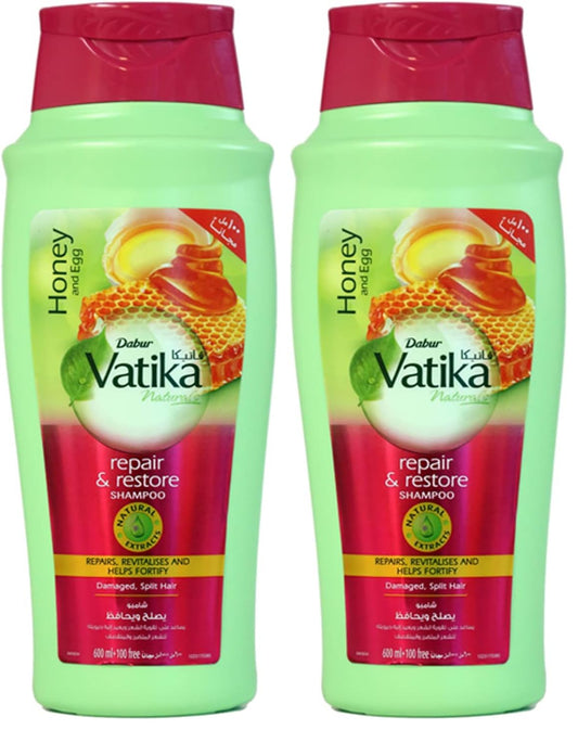 Vatika Naturals Repair & Restore Shampoo 600ml | Honey & Egg with Natural Extracts | Repairs & Revitalizes Damaged and Split Hair (Pack of 2)