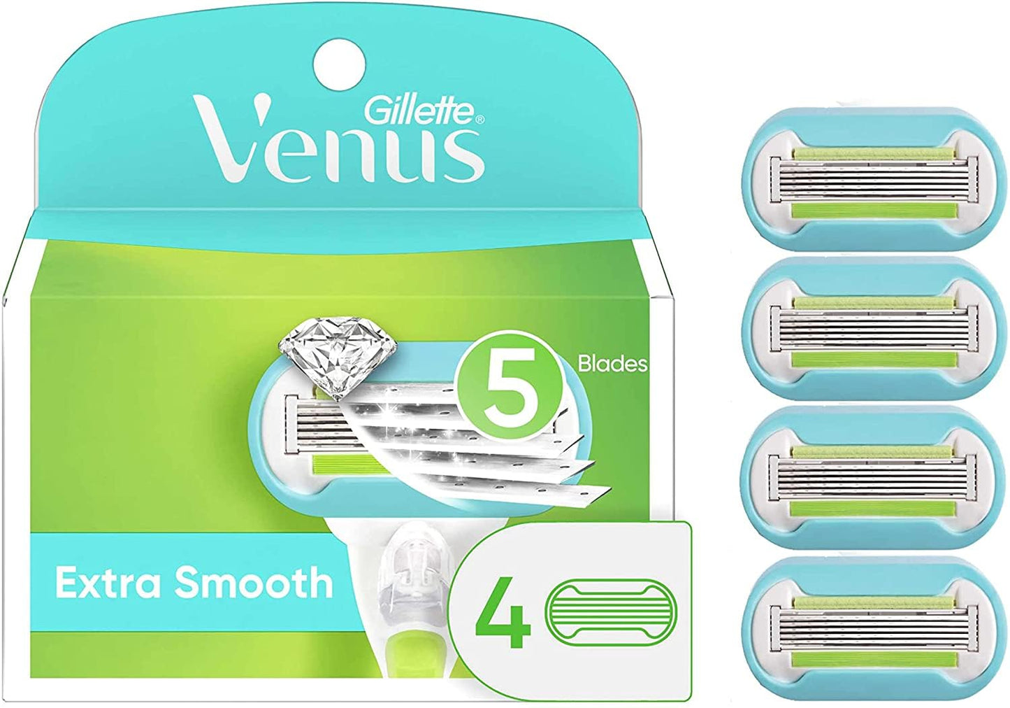 Gillette Venus Extra Smooth Women's Razor Blade Refills, 4 Count, 5-Blade Cartridges with Moisture Ribbon, Compatible with All Venus Handles Except Simply Venus & Venus for Pubic Hair – Pack of 4