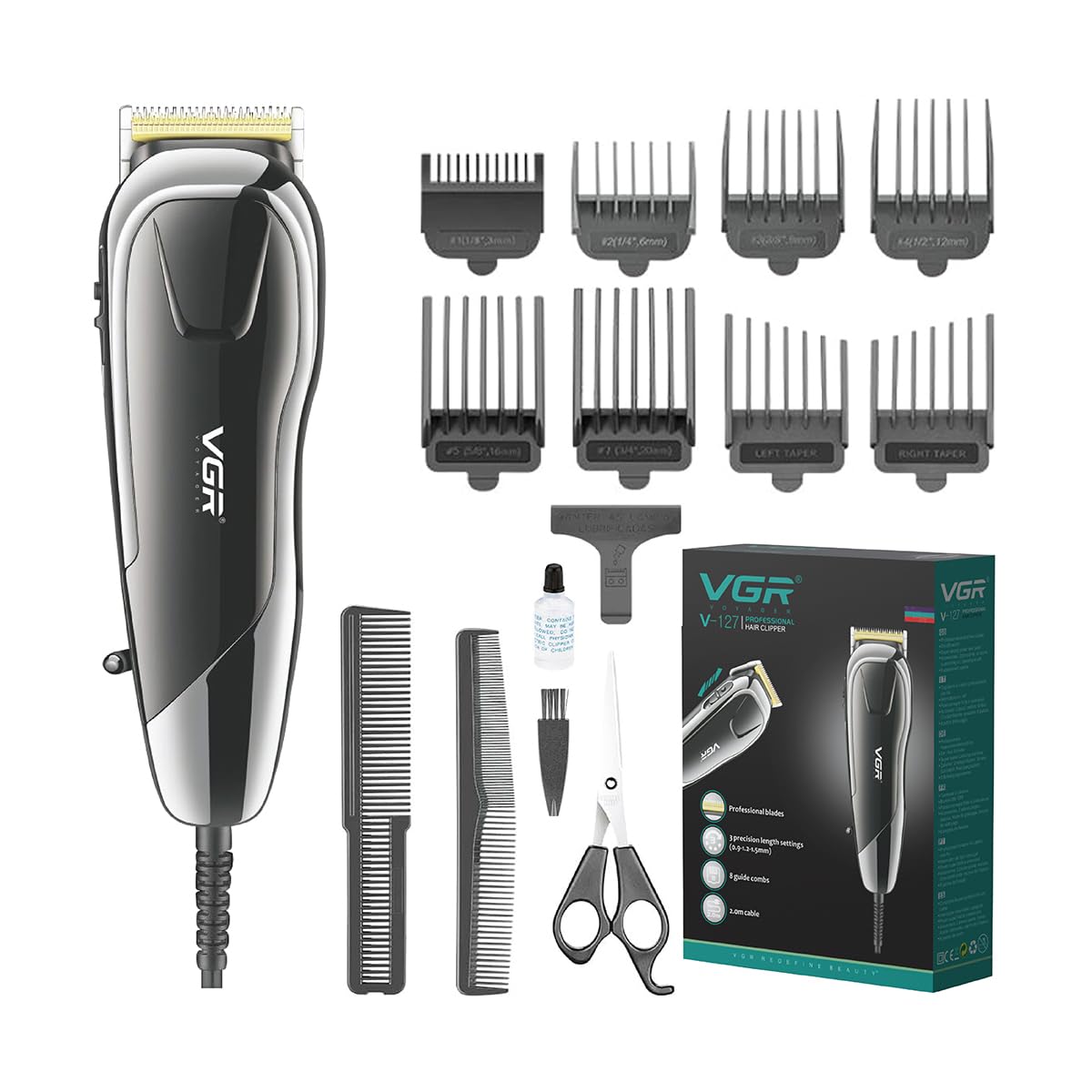 VGR V-127 Professional Hair Clipper Powerful DC Motor Stainless steel blade 8 Guide Combs 2m Cable Taper Lever Trimming Range: 0.9mm to 20mm Corded complete hair cutting set with 2 Combs & 1 Scissor