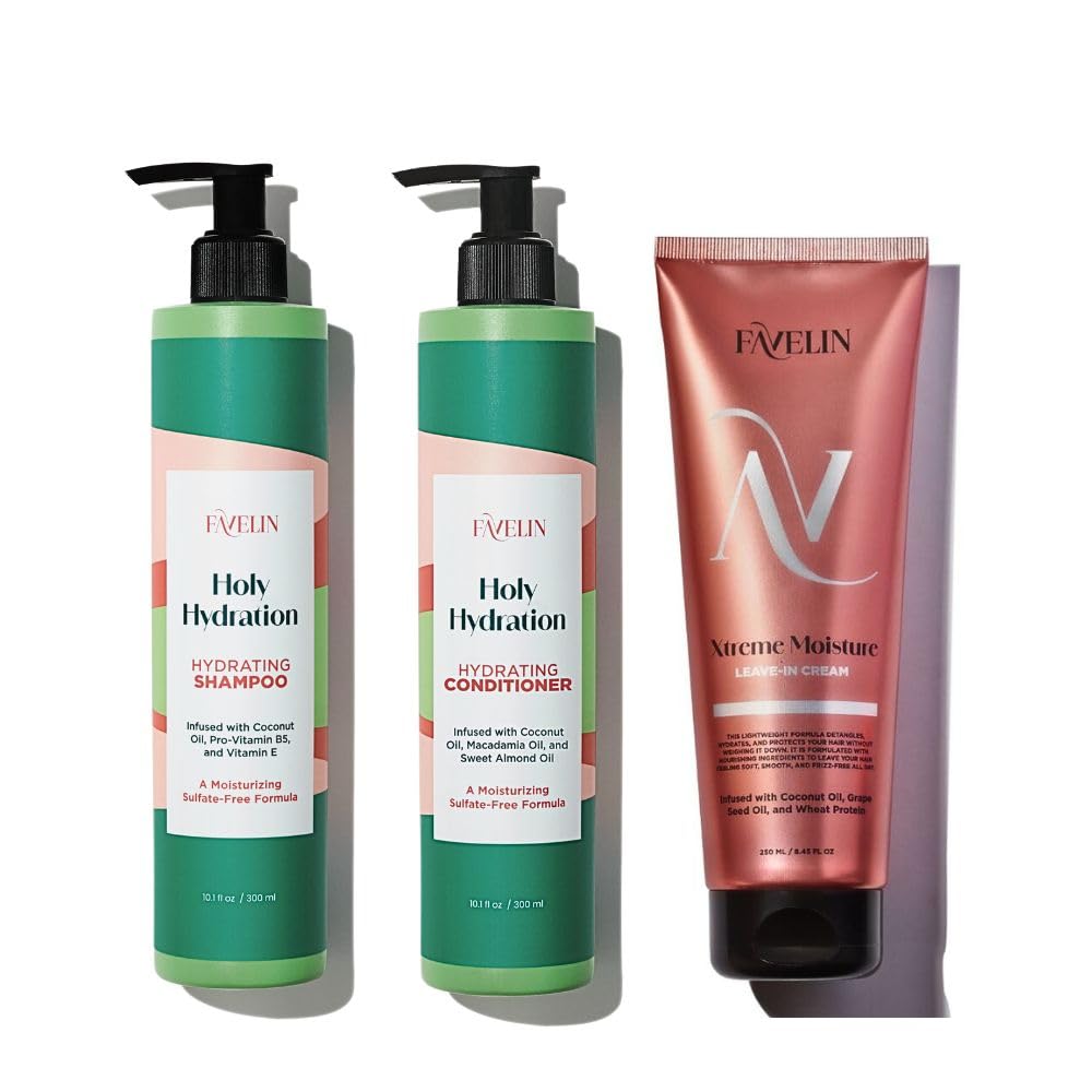 Favelin Holly Hydration Set Shampoo (300) and Conditioner (300ml) & Xtreme Moisture Leave-in Cream (250ml) Long-Lasting Hydration & Deeply Cleanses - Hhealthy & Smooth Hair