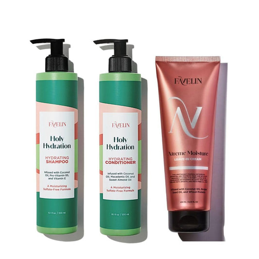 Favelin Holly Hydration Set Shampoo (300) and Conditioner (300ml) & Xtreme Moisture Leave-in Cream (250ml) Long-Lasting Hydration & Deeply Cleanses - Hhealthy & Smooth Hair