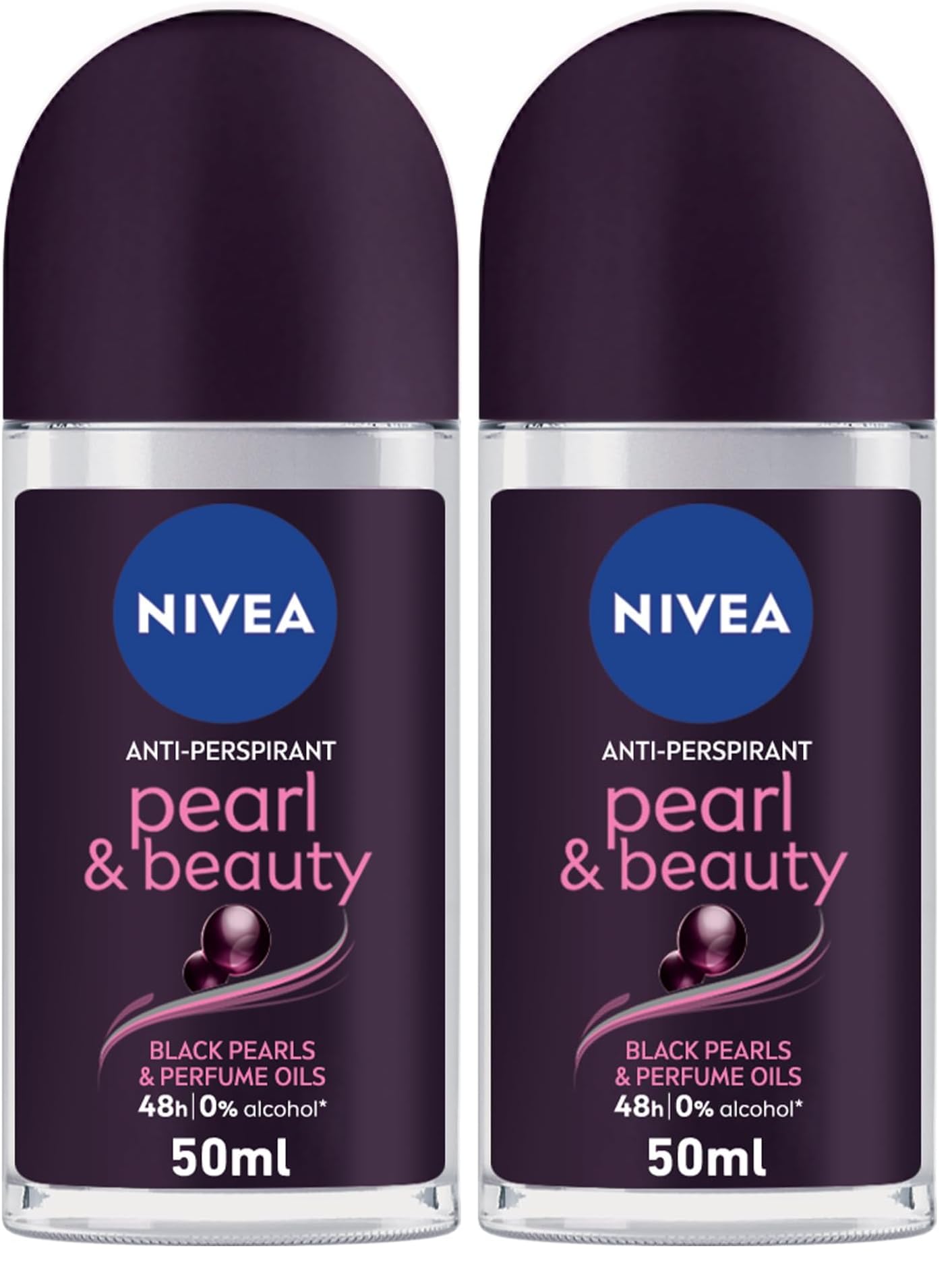 NIVEA Pearl & Beauty, Antiperspirant for Women, Black Pearl & Perfume Oils, Roll-on, 50ml (Pack of 2)
