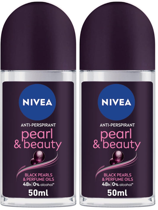 NIVEA Pearl & Beauty, Antiperspirant for Women, Black Pearl & Perfume Oils, Roll-on, 50ml (Pack of 2)