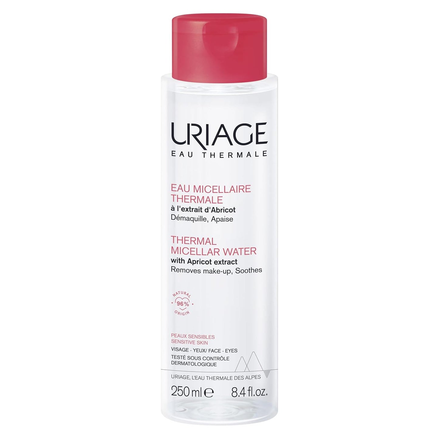Uriage Thermal Micellar Water for Sensitive Skin - Face & Eyes - 3-in-1: Cleanses, Removes Makeup & Soothes - No rinse - Fruity & Floral Scent - 96% Ingredients of Natural Origin - 250ml