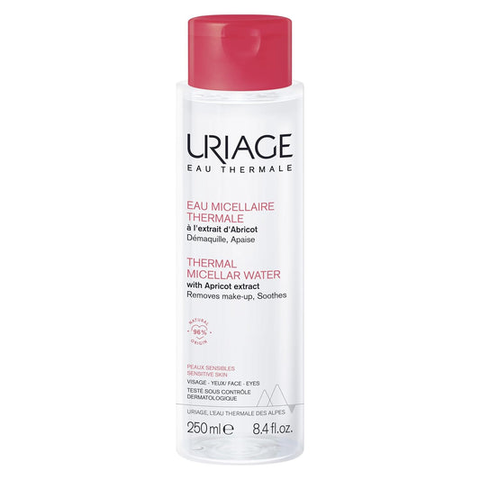 Uriage Thermal Micellar Water for Sensitive Skin - Face & Eyes - 3-in-1: Cleanses, Removes Makeup & Soothes - No rinse - Fruity & Floral Scent - 96% Ingredients of Natural Origin - 250ml
