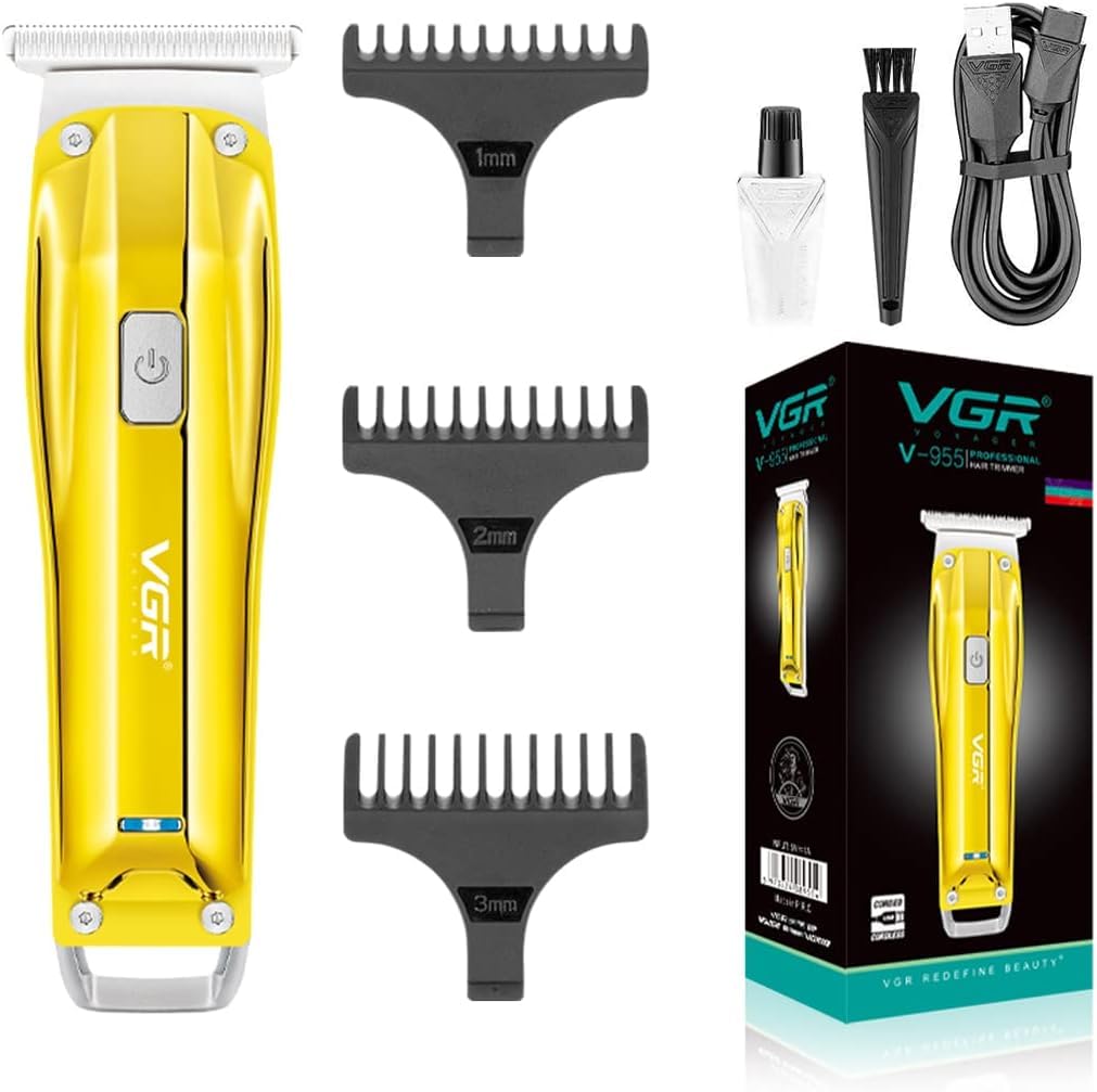 VGR V-955 Professional Rechargeable Hair Trimmer with Stainless steel Blades, USB Charging cable, 3 Guide Combs for Men, 500 mAh Li-ion Battery (Gold