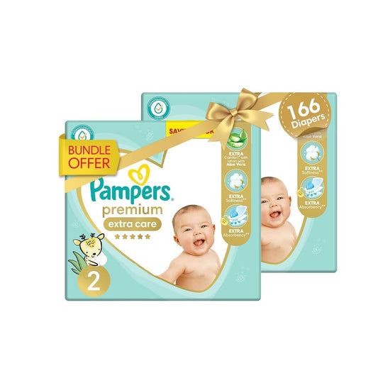 Pampers Premium Extra Care Diapers, Size 2, 3-8 kg, with lotion with aloe vera 166 Baby Diapers Bundle of 2
