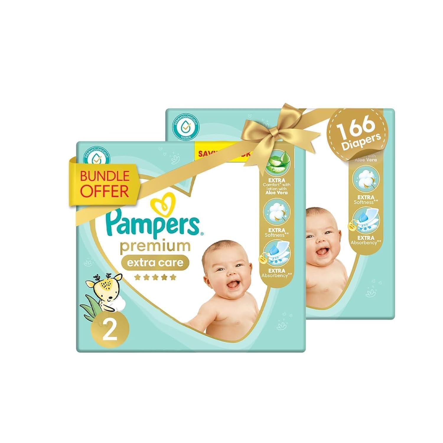Pampers Premium Extra Care Diapers, Size 2, 3-8 kg, with lotion with aloe vera 166 Baby Diapers Bundle of 2