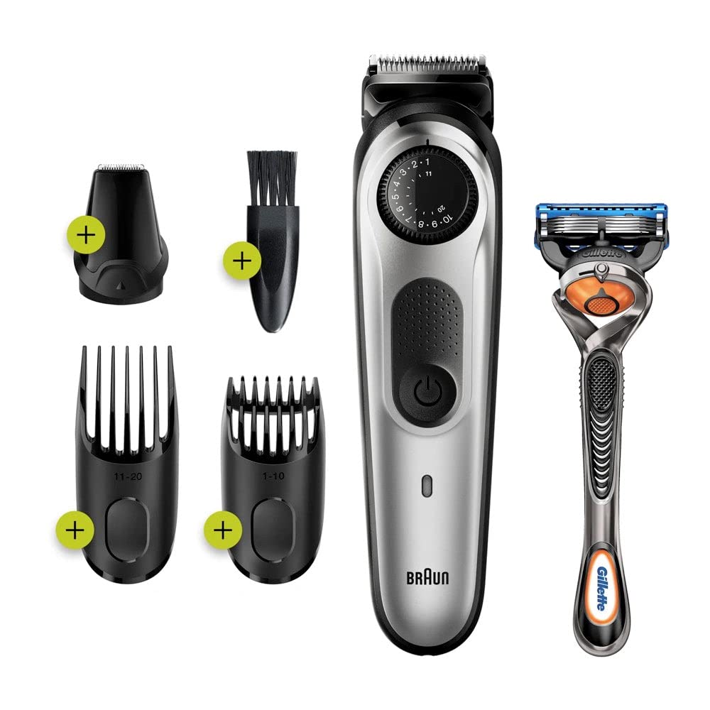 Braun Beard Trimmer 5 BT5260 With Precision dial, 39 Length Adjustments, 3 attachments and Gillette ProGlide razor, Black/Metallic Silver