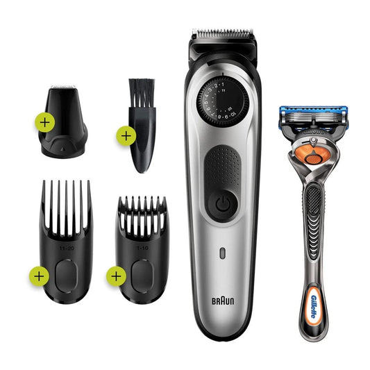 Braun Beard Trimmer 5 BT5260 With Precision dial, 39 Length Adjustments, 3 attachments and Gillette ProGlide razor, Black/Metallic Silver