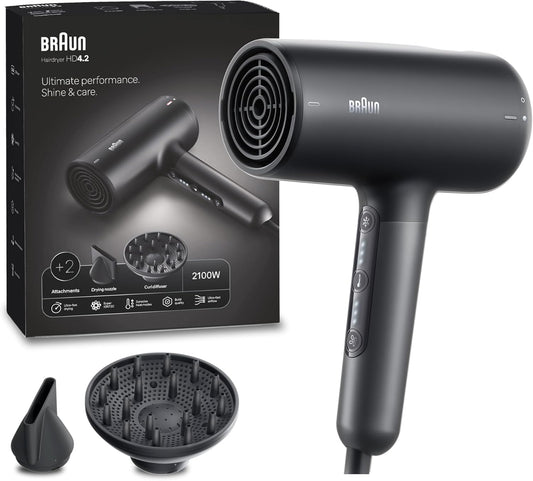 Braun Hair Dryer HD4.2, High Quality Lightweight Hair Dryer with Diffuser for Curly Hair and Hair Dryer Attachment, Super IONTEC Technology, 2100W HTDC Motor with 3 Heating Modes and 3 Speed Modes,