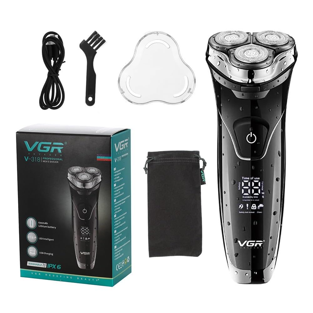 VGR V-318 Premium Cordless Rechargeable IPX6 Waterproof 3 Head Electric Shaver Wet & Dry Rotary Shavers for Men with Pop-up Trimmer Super with LED Digital Display